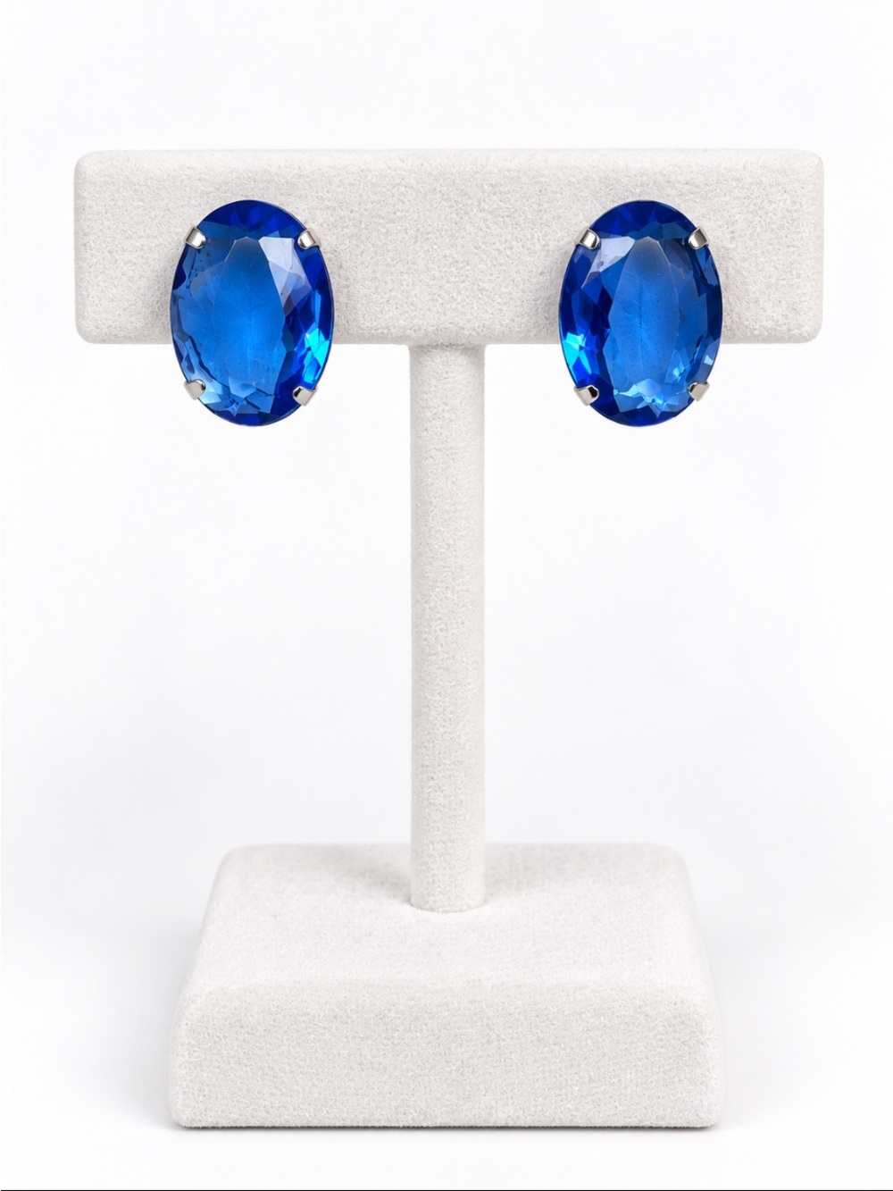 Sapphire Blue Oval Faceted Statement Stud Earrings Silver Tone
